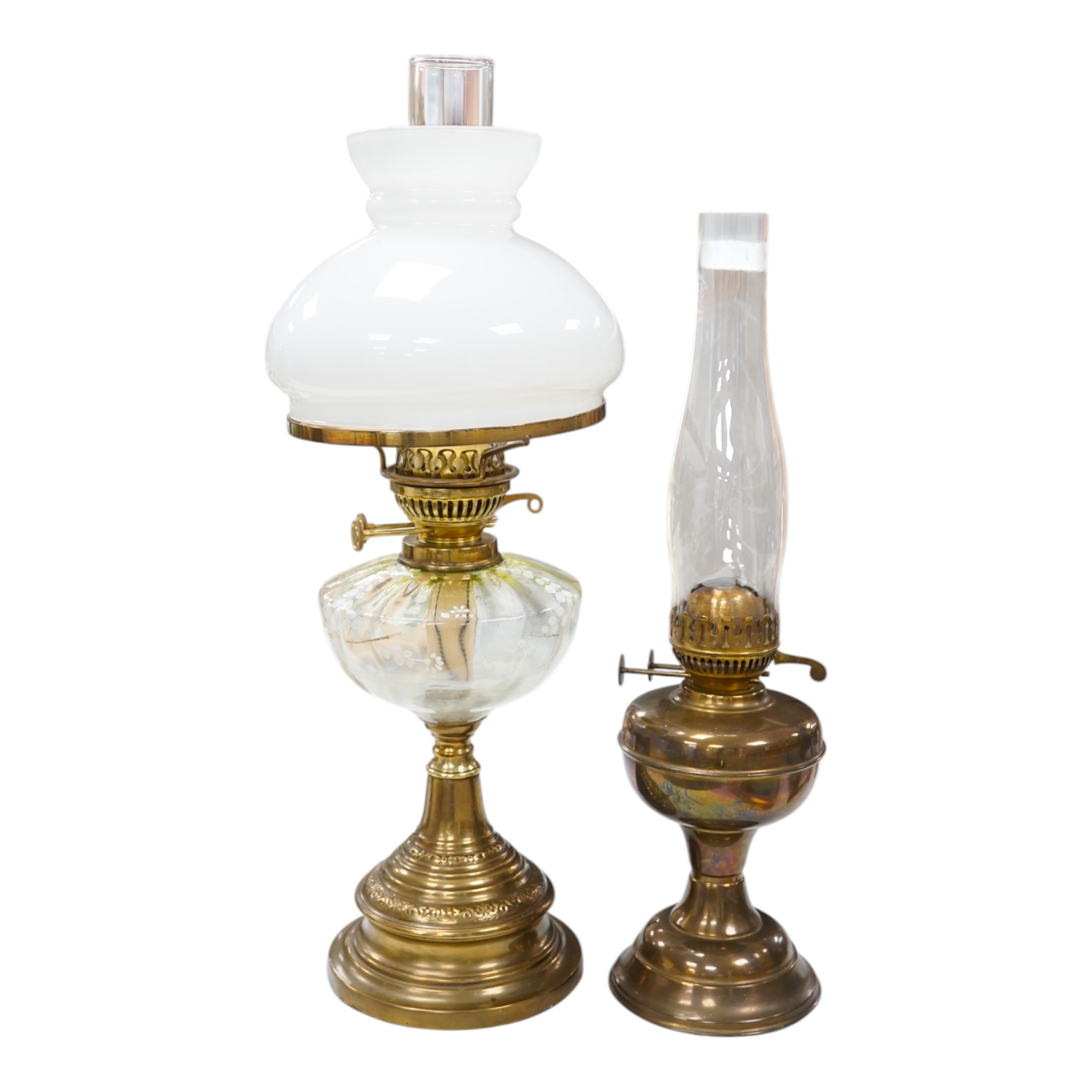 A late 19th century brass oil lamp with painted bowl and opaque shade together with a later oil lamp, largest 59cm high. Condition - fair to good